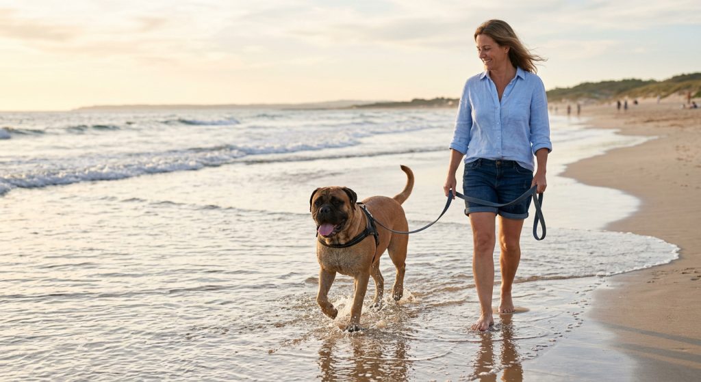 Dog and owner walking together in shallow water along a beach on a warm day.