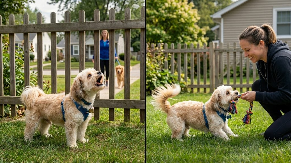 Dog barking at another dog walking past a fence while the owner redirects the dog with a toy in a split screen comparison.