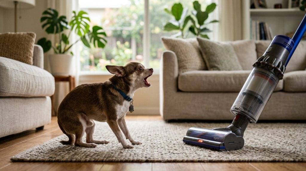 Small dog barking nervously at a vacuum cleaner inside a living room.