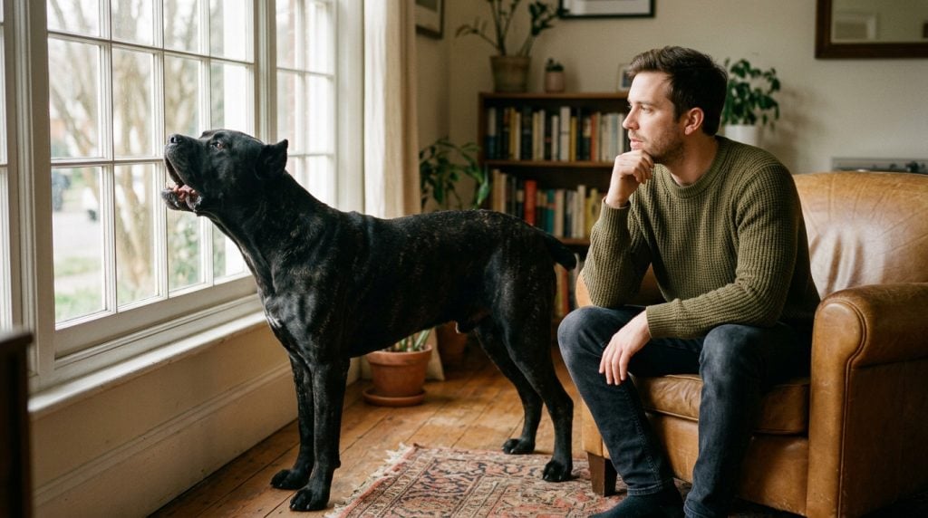 Dog barking while looking out of a window as the owner sits nearby observing the dog’s behaviour thoughtfully.