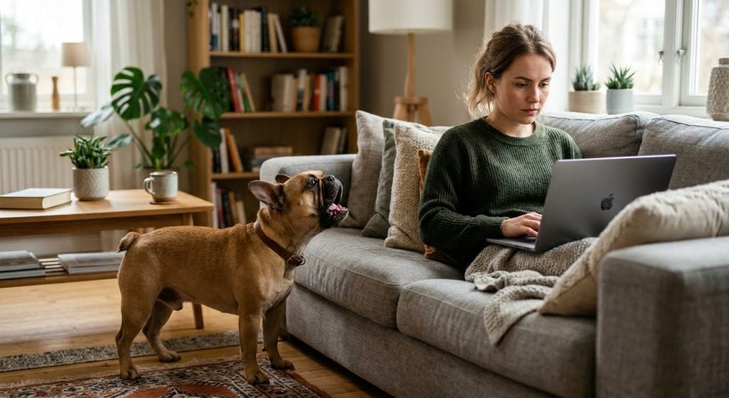 French bulldog barking beside a couch to get attention while its owner focuses on a laptop in a living room.