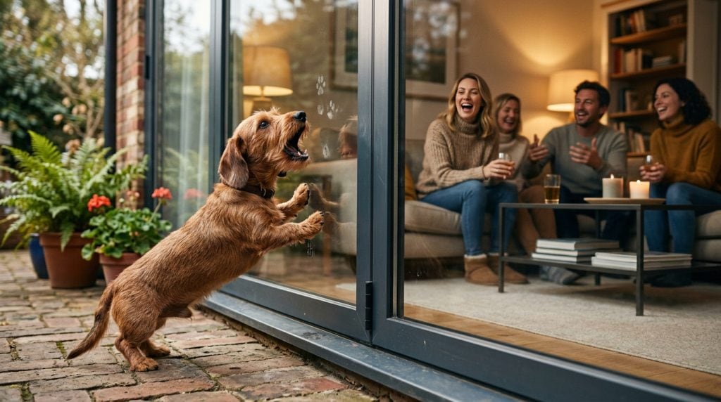 Dachshund barking outside a glass door while people sit and talk inside the house.