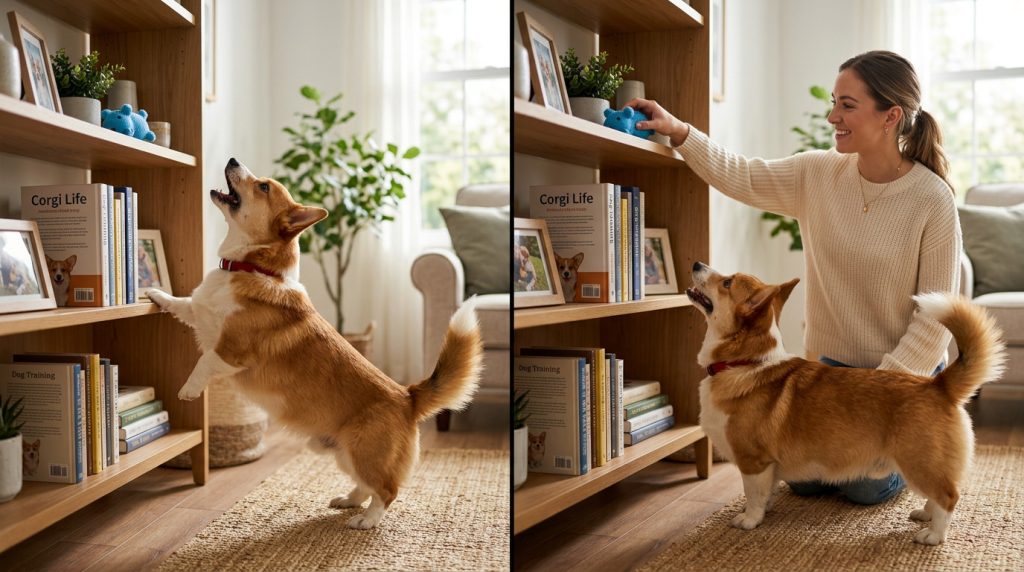 Corgi barking at a toy on a shelf and owner retrieving it in a split screen showing a dog communicating a need.