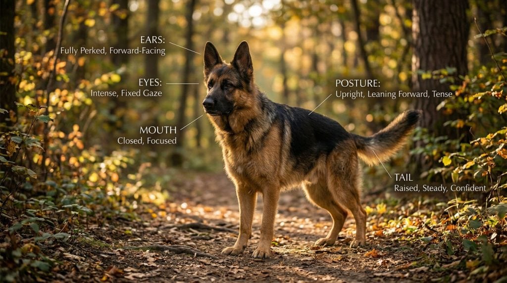 Dog standing alert with ears forward, focused eyes, and upright posture showing attentive and confident body language.