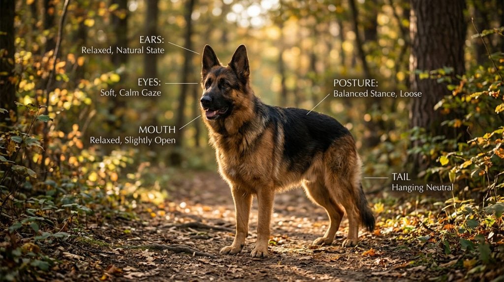 Dog standing calmly with relaxed posture, neutral tail position, and soft eyes demonstrating relaxed dog body language.