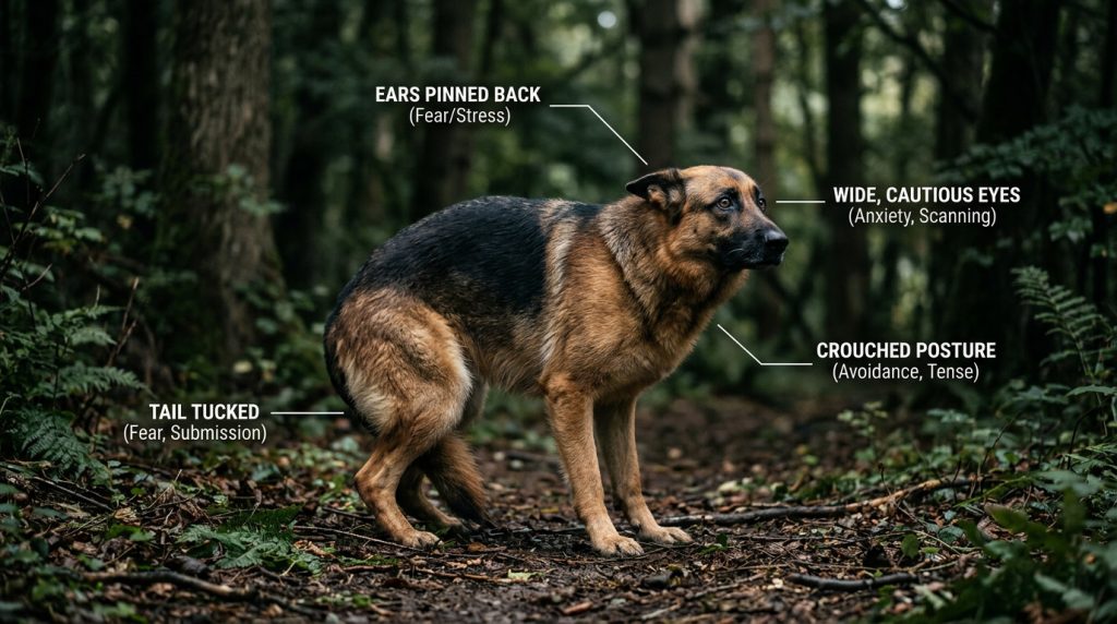 Dog showing fearful body language with lowered posture, ears back, and tail tucked indicating anxiety or discomfort.