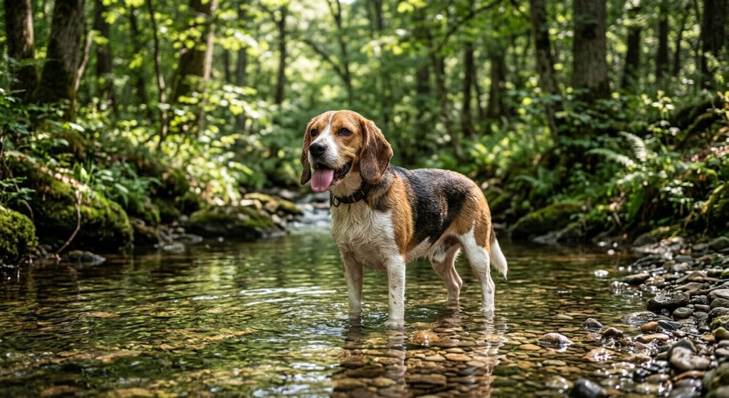 Dog standing in a shallow stream on a warm day to help cool its body.
