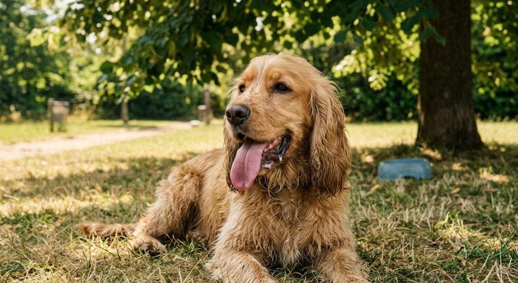 Dog lying down panting and drooling during warm weather showing worsening signs of heatstroke.