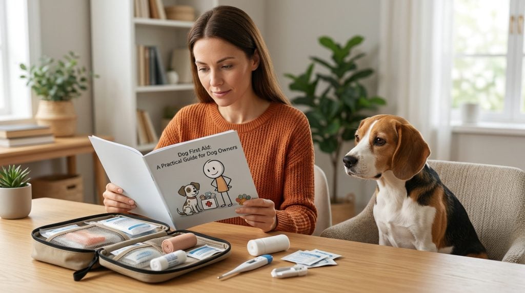 Dog owner reading a dog first aid guide beside their dog with a pet first aid kit on the table.