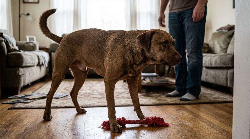 Dog standing stiffly over a toy on the grass while watching a person approach.