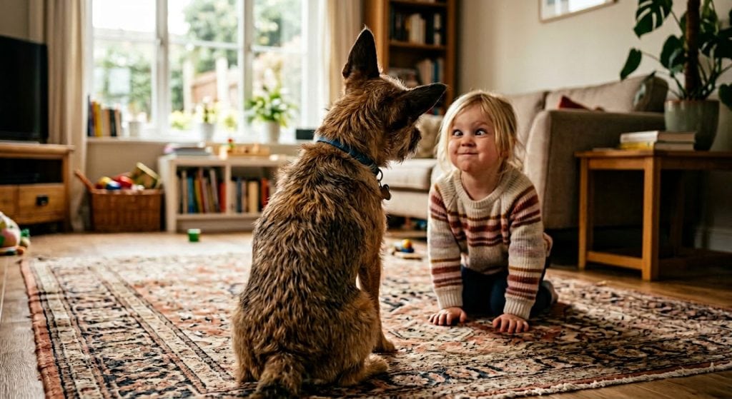 A dog tilting its head while looking at a child making a funny face in a cozy living room