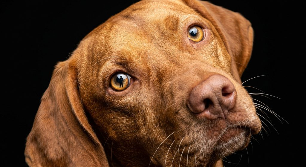 A close-up of a vizsla dog tilting its head with an attentive and curious expression
