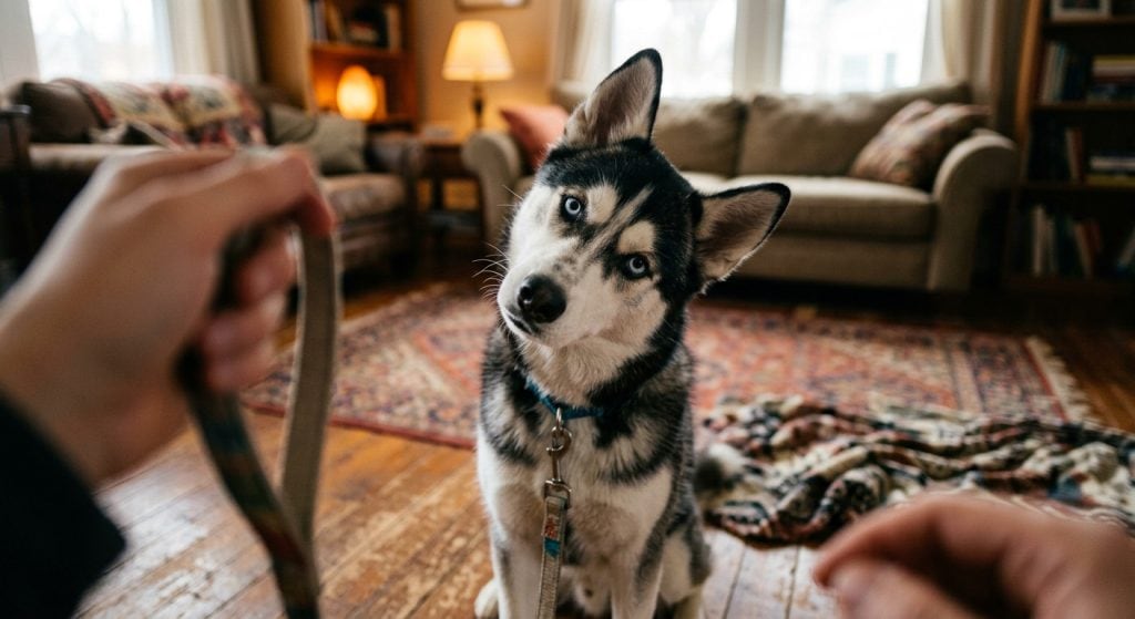 A husky tilting its head curiously while looking at its owner in a cozy living room setting