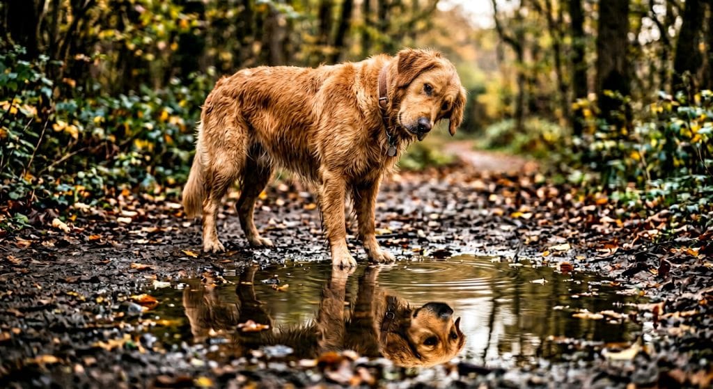 A dog tilting its head while looking at its reflection in a puddle on a quiet forest path