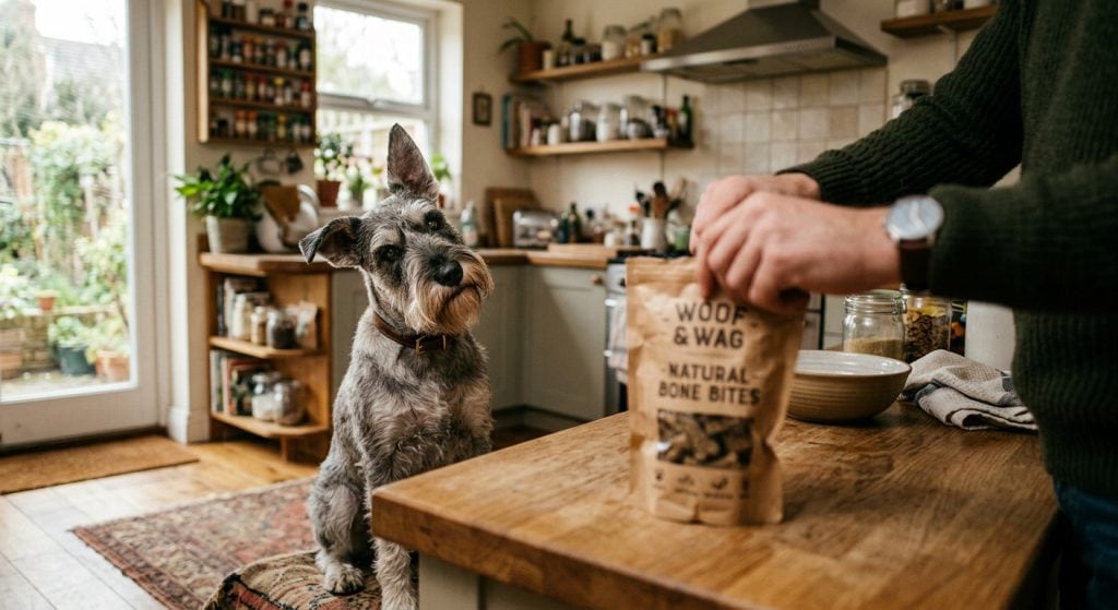A dog tilting its head while watching its owner open a crinkling treat bag on a kitchen counter
