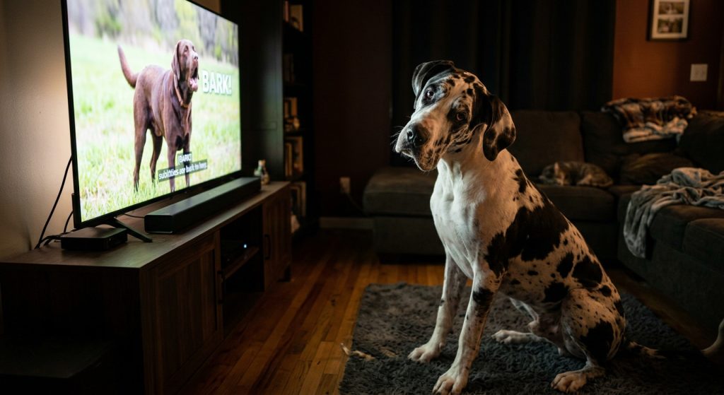 A dog tilting its head while watching and listening to a barking dog on a television screen