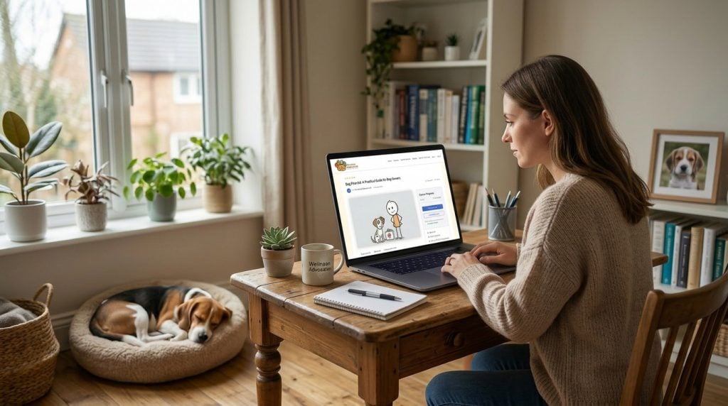 Dog owner studying a dog first aid course on a laptop while their dog sleeps peacefully in a basket nearby.