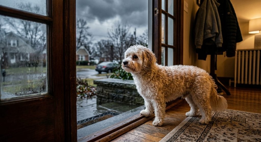 Dog hesitating at a doorway when facing cold outdoor weather.