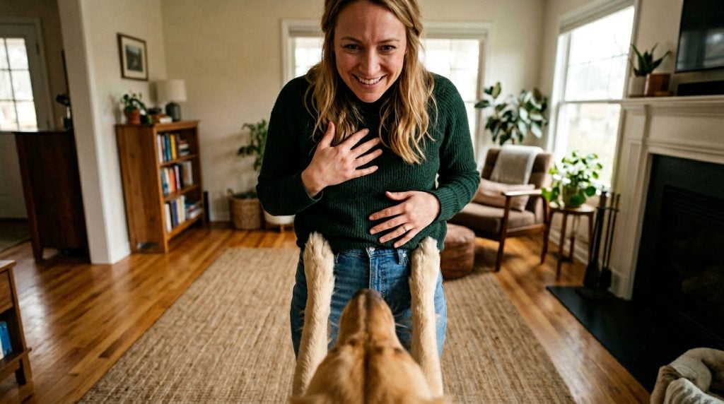 Dog jumping up with its front paws on its owner's legs while looking up for attention in a living room.