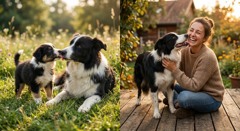 Split image showing a puppy licking another dog and an adult dog licking its owner, illustrating natural communication across life stages.