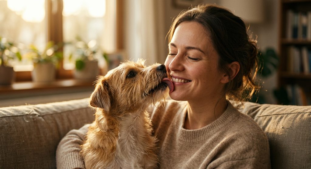 A dog gently licking its owner’s face while they sit together on a sofa, with the owner smiling and eyes closed in a warm, sunlit living room, capturing a close emotional bond.