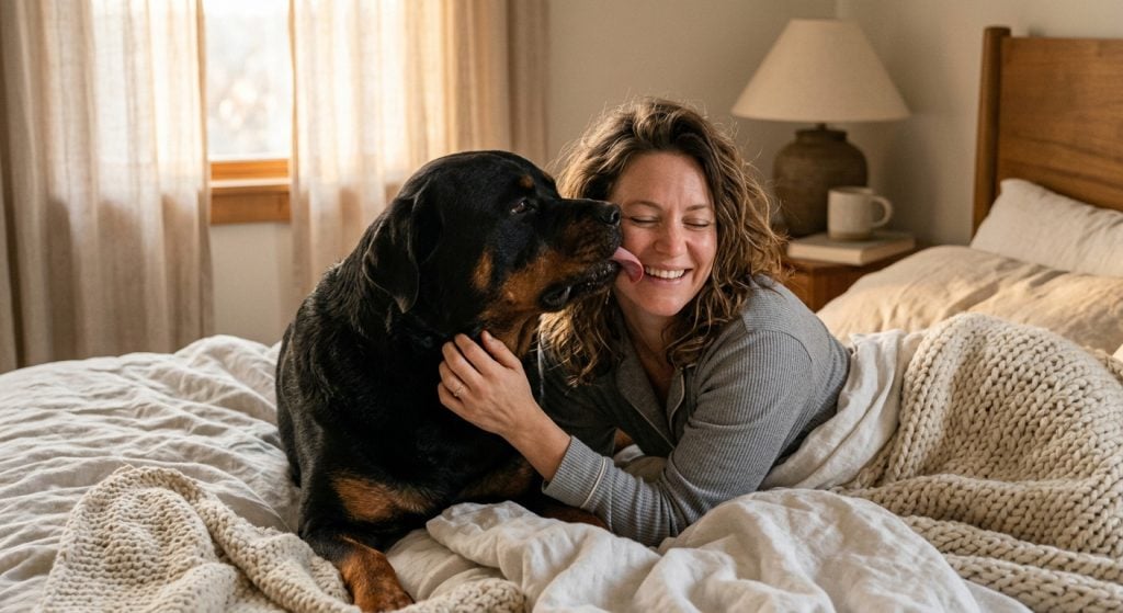 Dog licking its owner’s face while they lie in bed, showing affectionate and bonding behaviour.