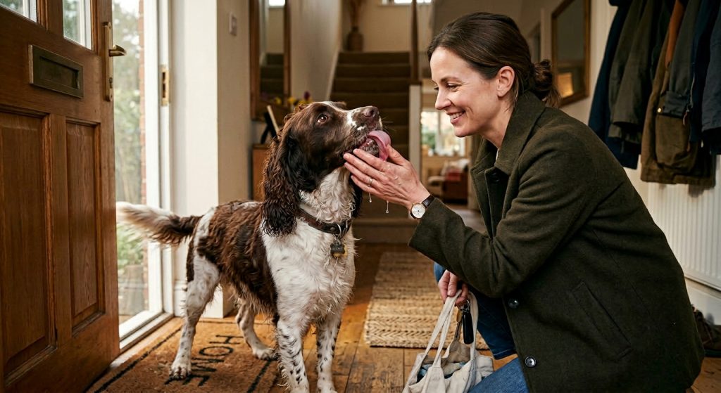 Dog licking its owner’s hand in greeting at the front door, showing excitement and affectionate behaviour.