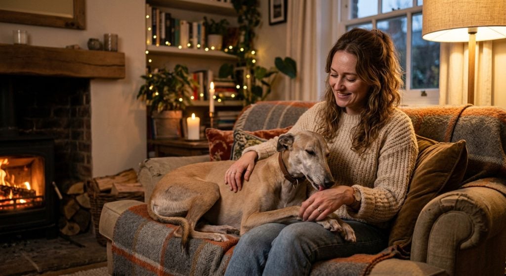 Dog gently licking its owner’s hand while resting together on a sofa, showing affection and bonding.