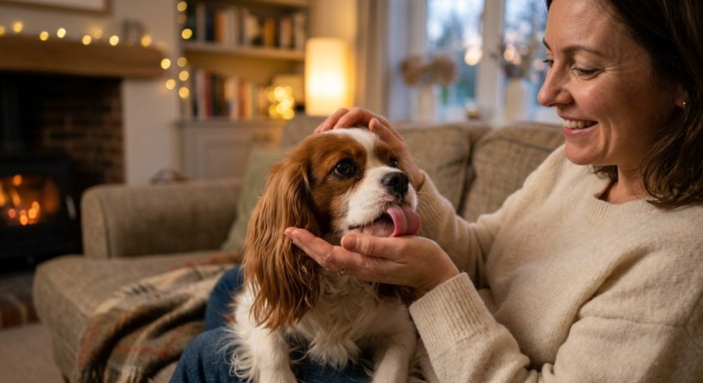 Dog licking its owner’s hand while being petted, demonstrating how dogs learn behaviour through positive reinforcement.