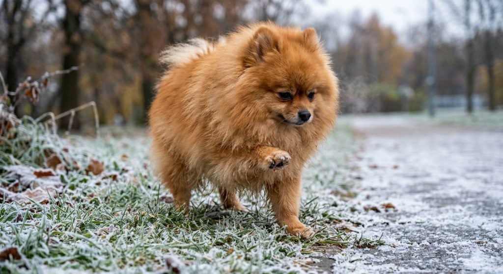 Dog lifting paw from cold ground which can be a sign the surface is too cold.