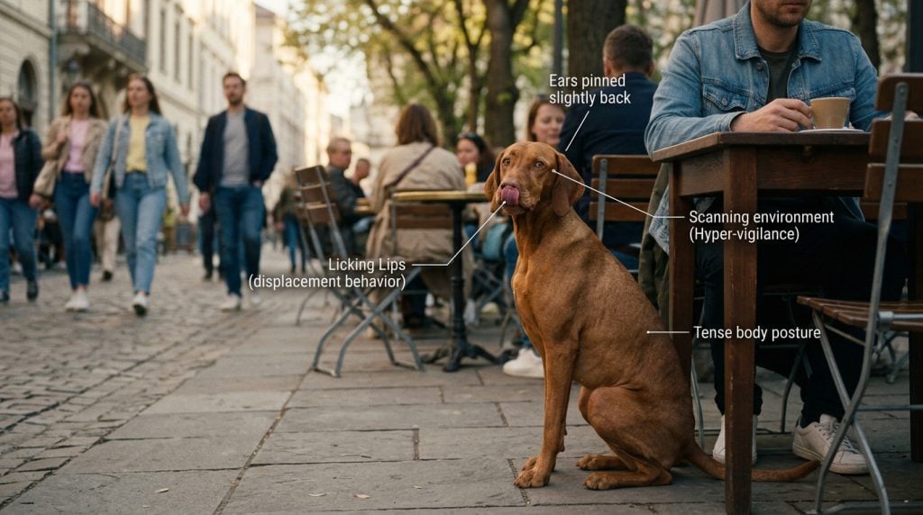 Dog licking its lips while sitting beside its owner at an outdoor café, showing a subtle stress signal.