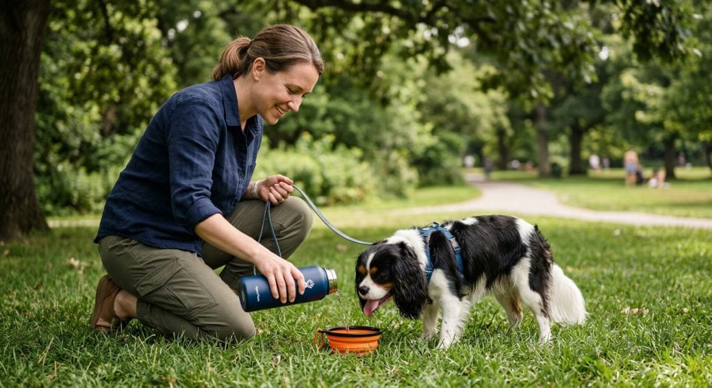 Owner pouring fresh water into a bowl for a panting dog in the shade to help cool it down.