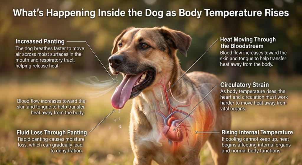 Educational infographic showing what happens inside a dog’s body as overheating begins, including increased panting, circulation changes, and rising body temperature.