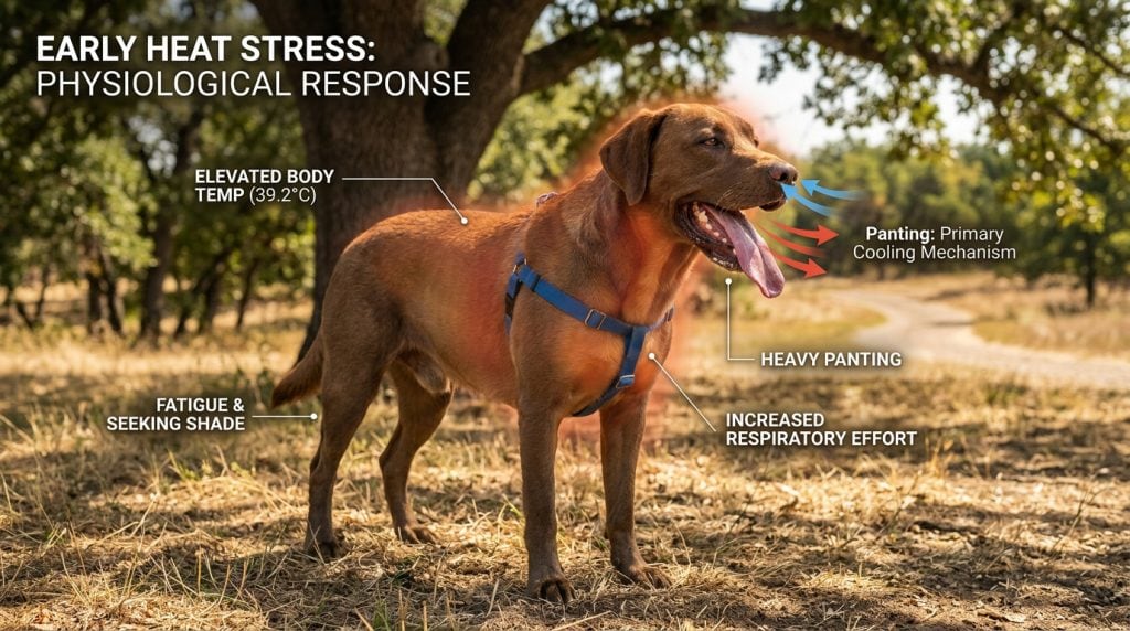 Dog panting heavily outdoors as rising body temperature begins to overwhelm its cooling system.