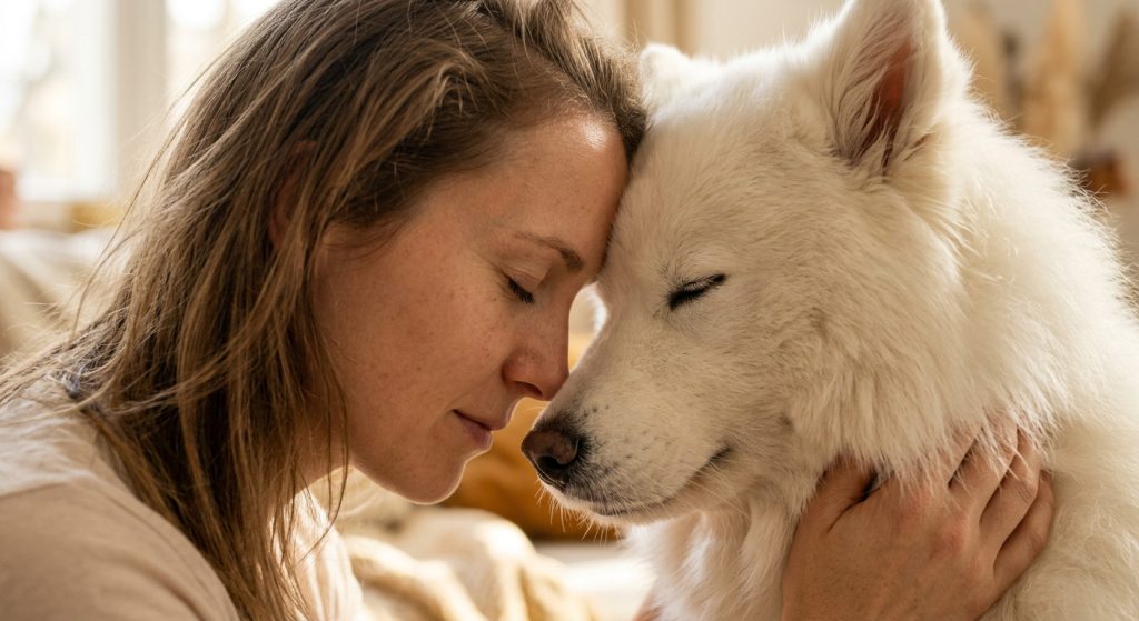 Owner gently touching foreheads with their dog, showing a calm emotional bond, trust, and deep understanding between them.