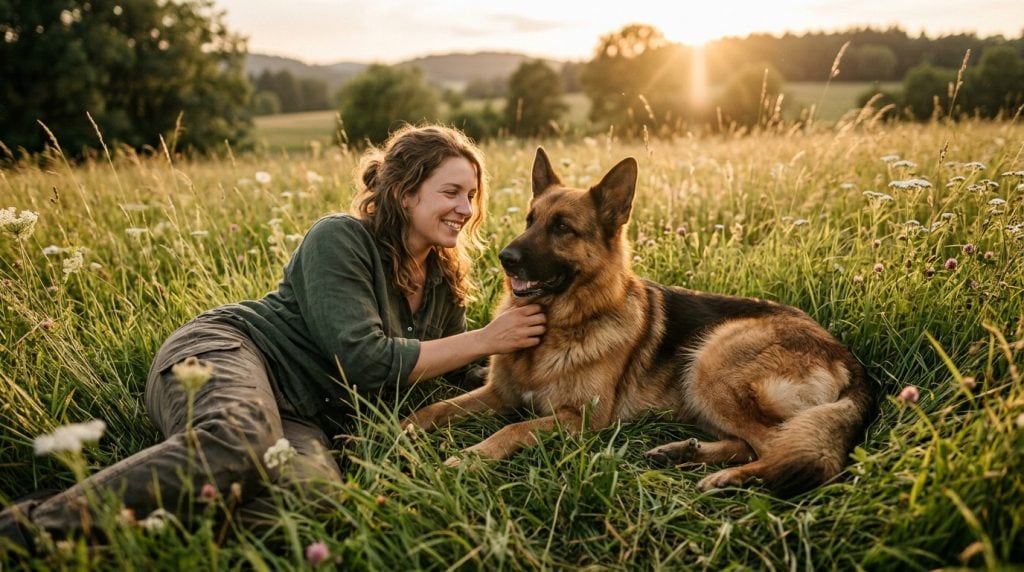 Owner lying in tall meadow grass at sunset gently stroking a relaxed dog during a peaceful outdoor moment.