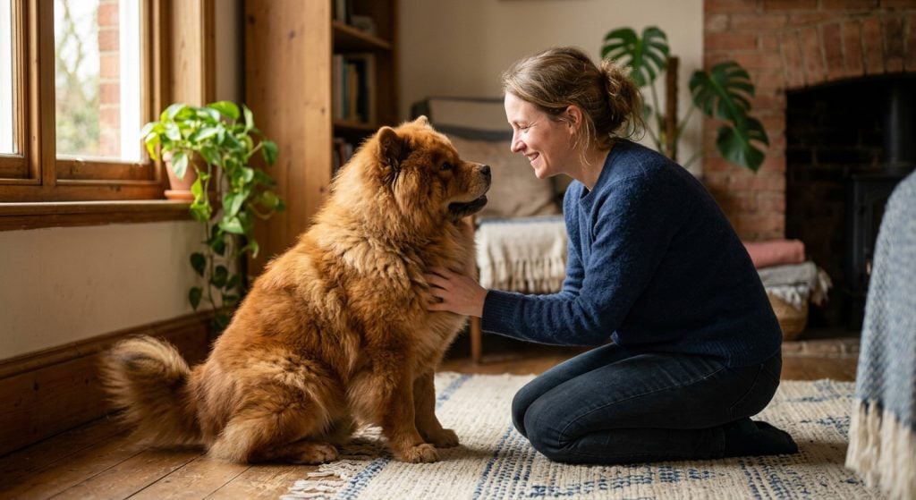 Owner kneeling down to greet their dog at home, showing a close emotional bond and affection between them.