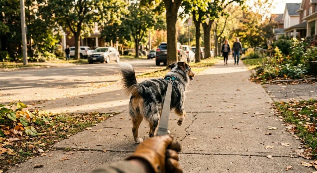 Owner kneeling indoors clipping a leash onto a husky before heading out for a walk.