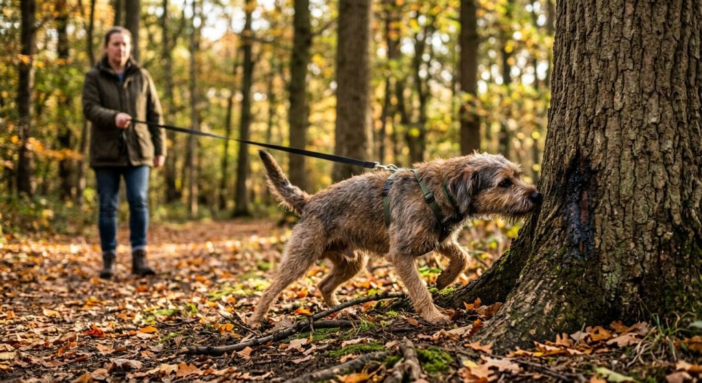 Dog pulling forward on a tight leash to sniff the base of a tree during a woodland walk.
