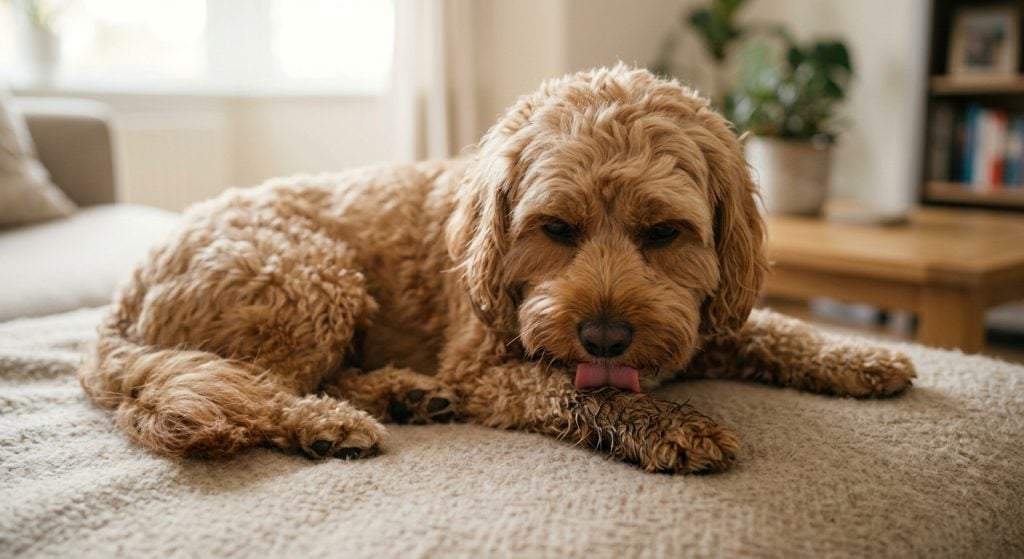 A dog lying on a soft surface persistently licking its paw, with damp, flattened fur indicating repeated licking and focused behavior.