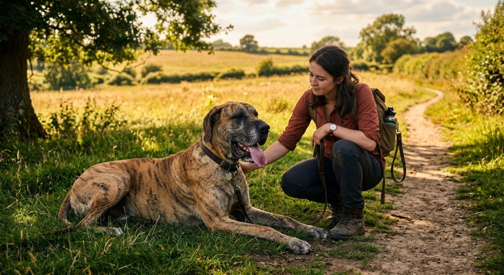 Large dog resting in the shade and panting during a warm countryside walk while the owner kneels beside it.