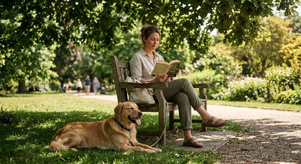 Dog resting comfortably in the shade beside its owner sitting on a bench on a warm day.