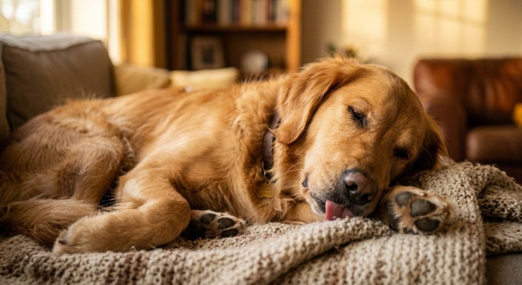 A relaxed dog lying on a soft blanket in a warm living room, gently licking its paw with eyes half-closed, showing a calm self-soothing behavior.