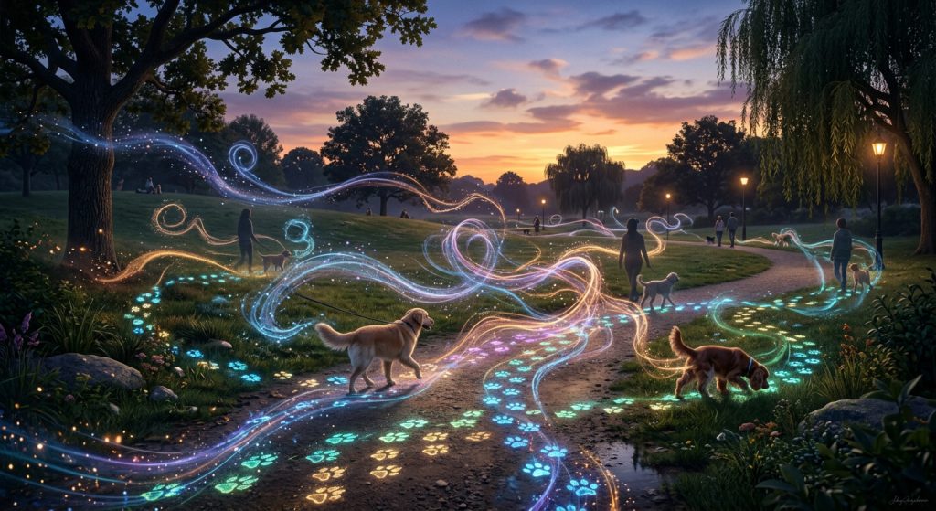 Artistic visualization of scent trails in a park showing how dogs experience environmental smells during a walk.