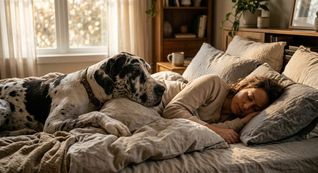 Large dog resting beside its sleeping owner on a cozy bed, showing the close bond and comfort dogs feel around their humans.