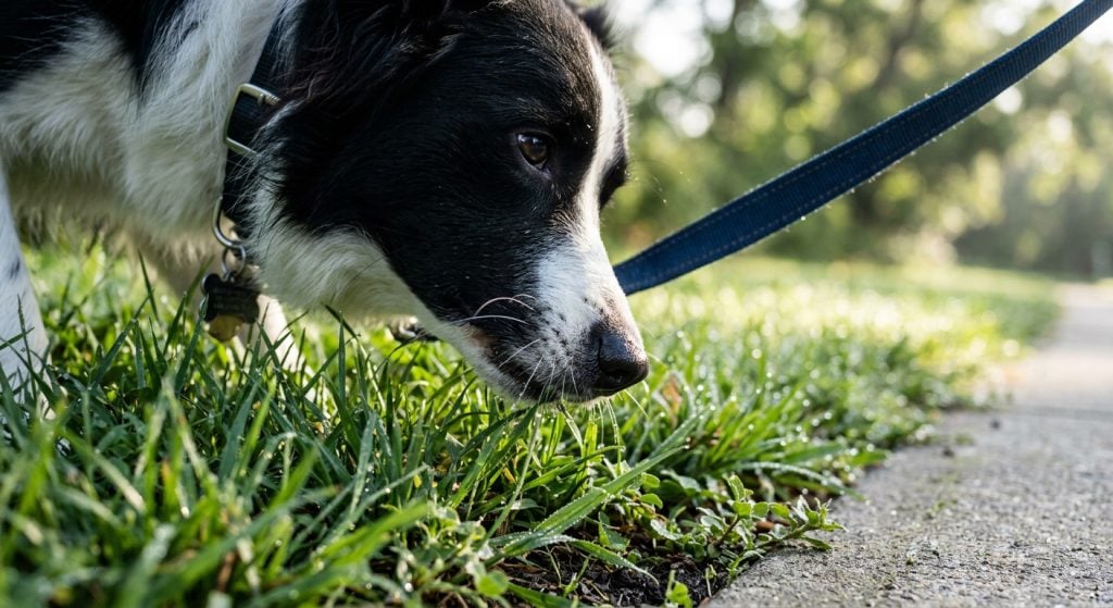 Close-up of a dog sniffing grass beside a sidewalk while attached to a leash during a walk.