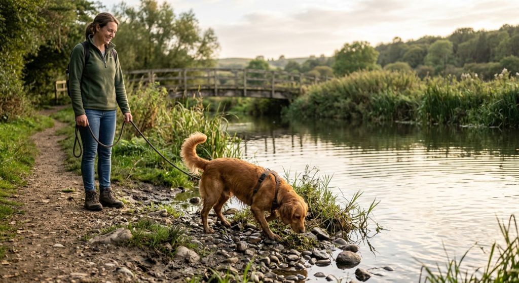 Dog sniffing along a riverbank while its owner allows time to explore during a walk.