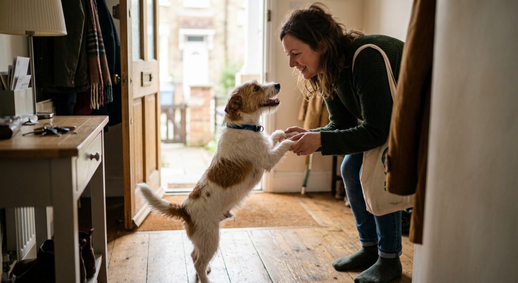 Small dog standing on its hind legs with front paws on its owner's hands while greeting them excitedly at the front door.
