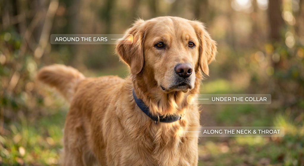 Dog showing common tick attachment areas around the ears, under the collar, and along the neck