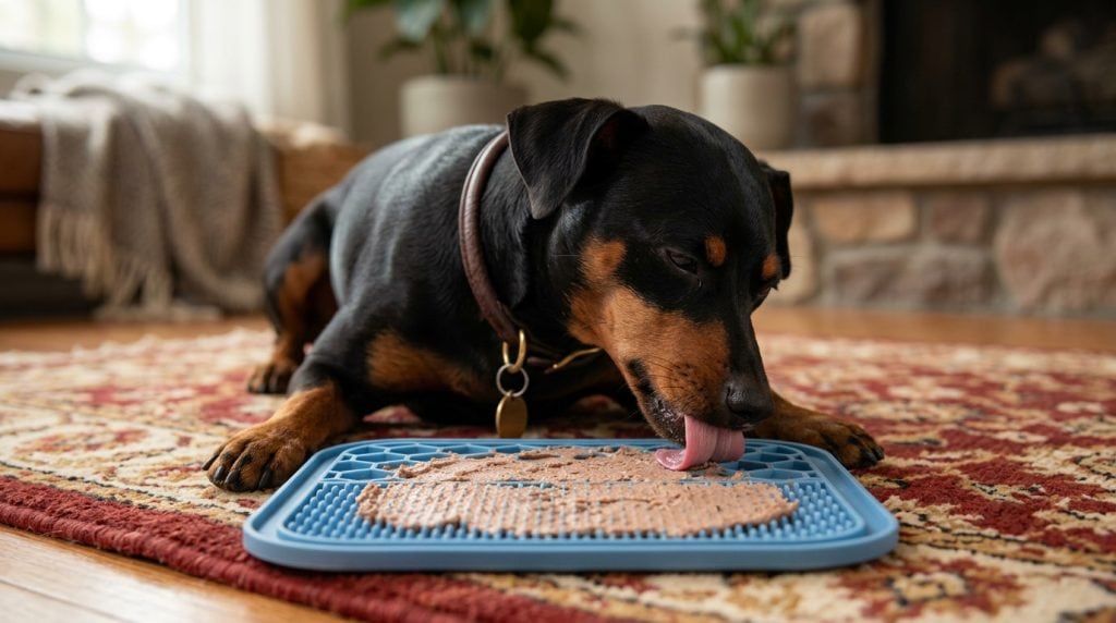 A dog lying on a rug calmly licking a textured lick mat with food spread, showing a soothing and redirected licking behavior in a relaxed home setting.